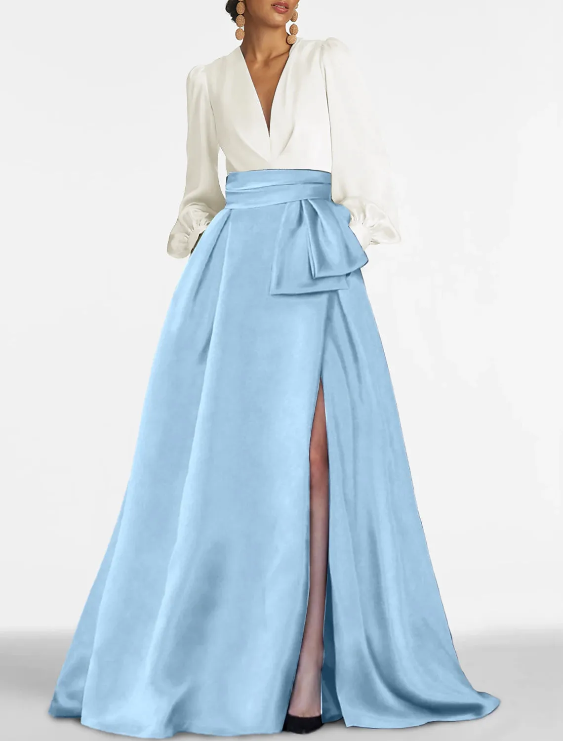 A-Line Evening Gown Elegant Dress Formal Sweep / Brush Train Christmas Long Sleeve V Neck Satin with Pleats Slit