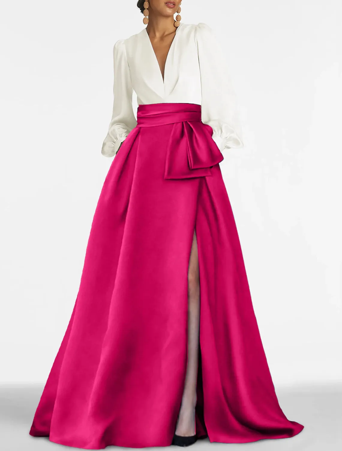 A-Line Evening Gown Elegant Dress Formal Sweep / Brush Train Christmas Long Sleeve V Neck Satin with Pleats Slit