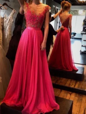 A-Line/Princess Sleeveless Scoop Sweep/Brush Train Applique Chiffon Dresses