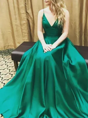 A-Line/Princess Sleeveless Spaghetti Straps Elastic Woven Satin Floor-Length Dresses