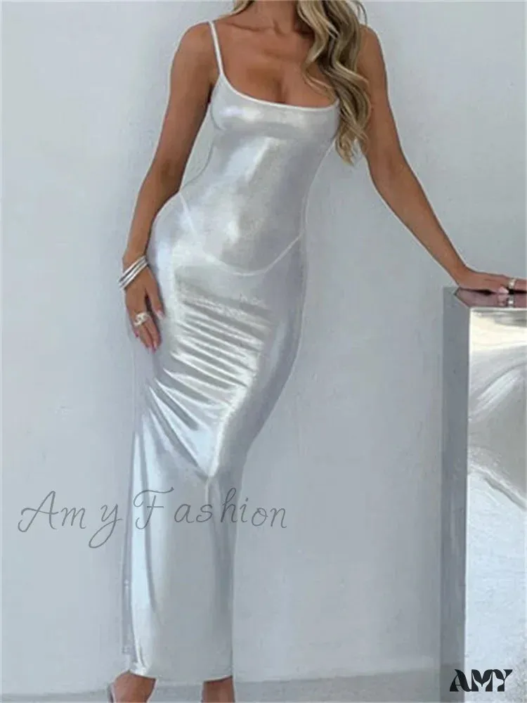 Amy Fashion - Sexy Women Bodycon  Solid Metallic Sleeveless Strap Summer Backless Party Female Vestidos Streetwear