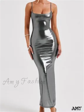 Amy Fashion - Sexy Women Bodycon  Solid Metallic Sleeveless Strap Summer Backless Party Female Vestidos Streetwear