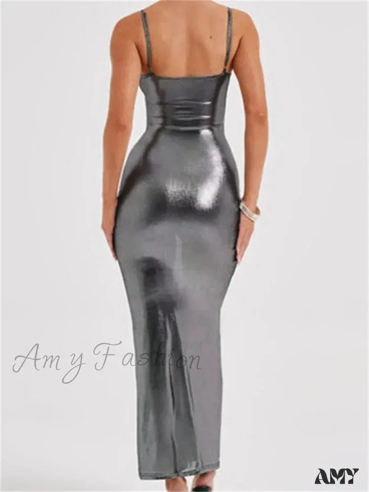 Amy Fashion - Sexy Women Bodycon  Solid Metallic Sleeveless Strap Summer Backless Party Female Vestidos Streetwear