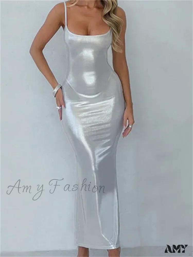 Amy Fashion - Sexy Women Bodycon  Solid Metallic Sleeveless Strap Summer Backless Party Female Vestidos Streetwear