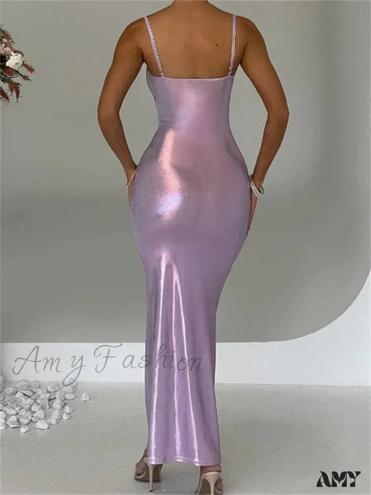 Amy Fashion - Sexy Women Bodycon  Solid Metallic Sleeveless Strap Summer Backless Party Female Vestidos Streetwear