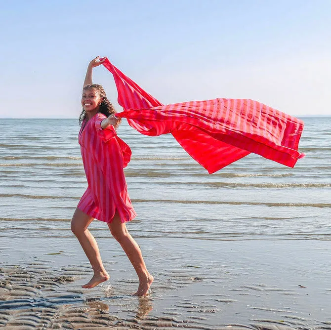Anni Sarong with Tassels in Red and Magenta Cabana Stripe