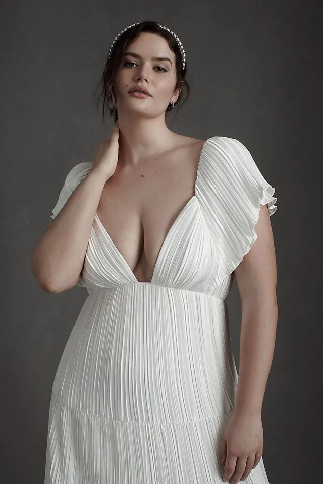 Bhldn Valerie Pleated Satin Wedding Dress with Flow Sleeves ivory