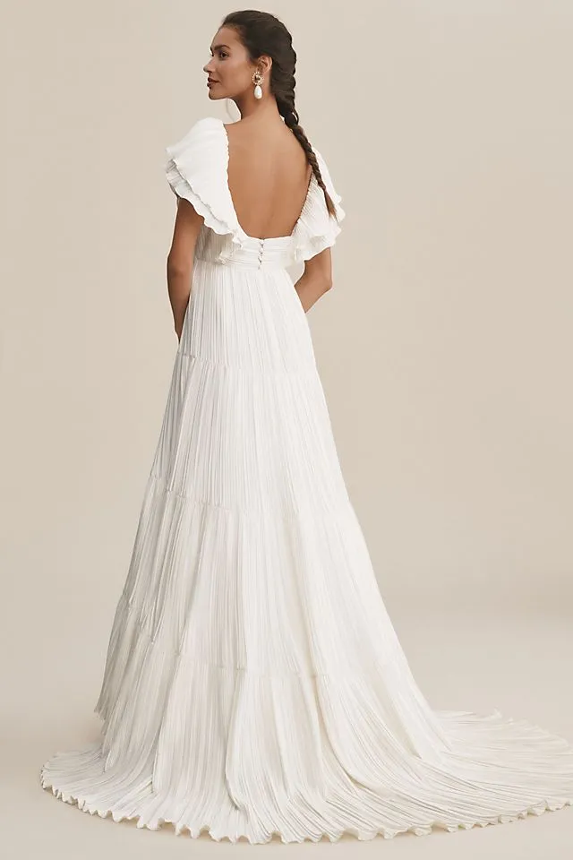 Bhldn Valerie Pleated Satin Wedding Dress with Flow Sleeves ivory