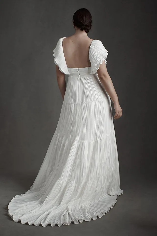 Bhldn Valerie Pleated Satin Wedding Dress with Flow Sleeves ivory