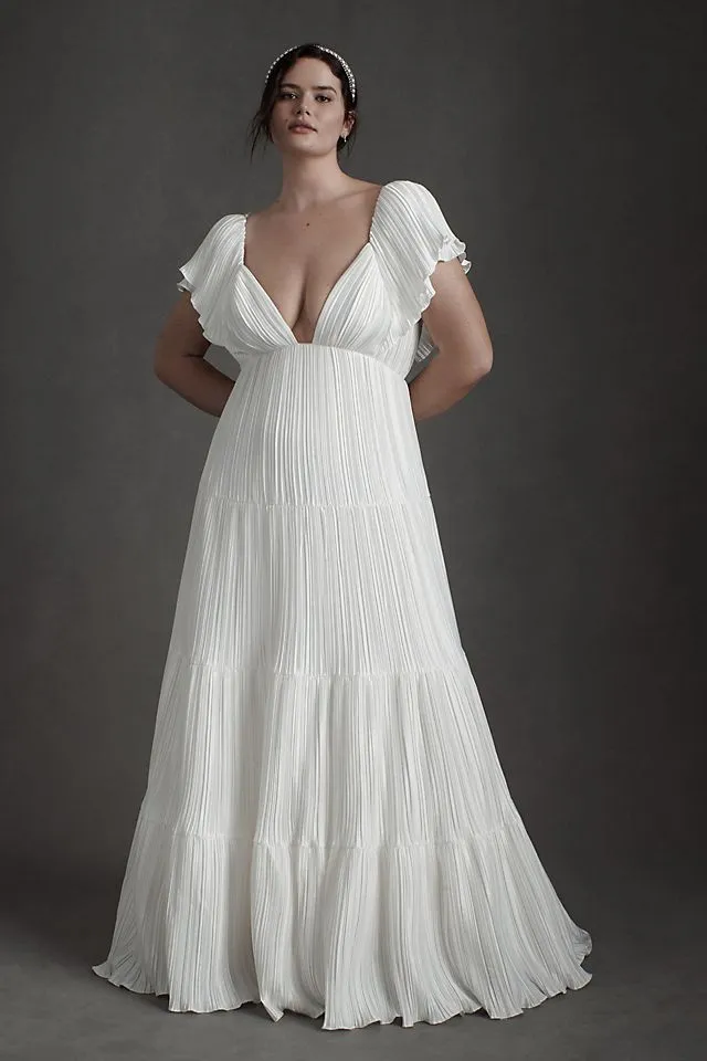 Bhldn Valerie Pleated Satin Wedding Dress with Flow Sleeves ivory