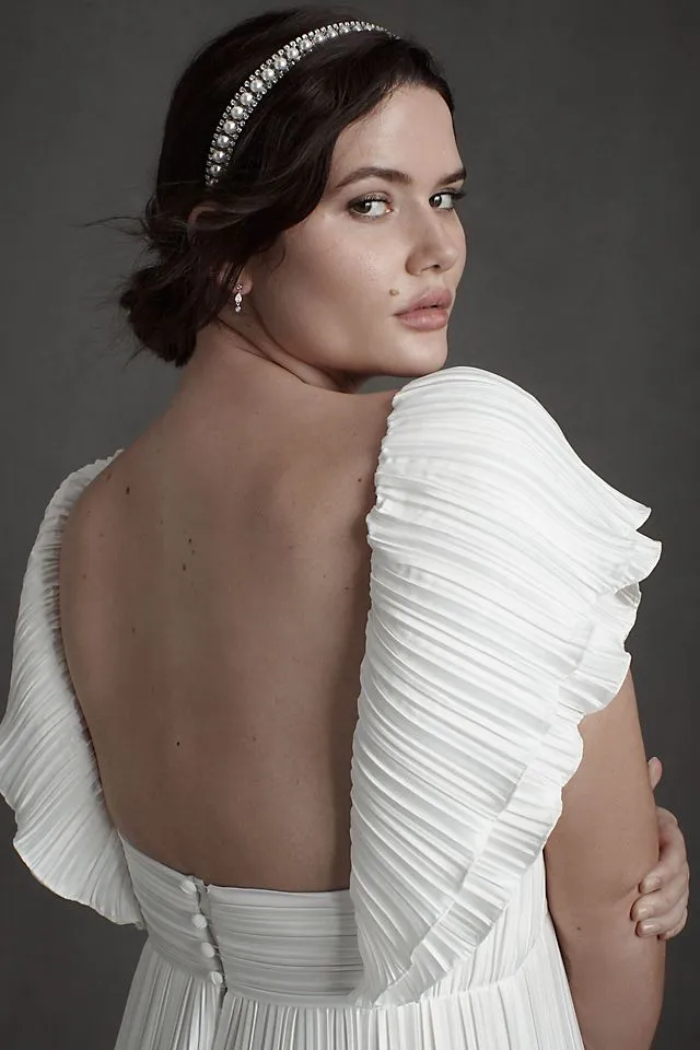 Bhldn Valerie Pleated Satin Wedding Dress with Flow Sleeves ivory