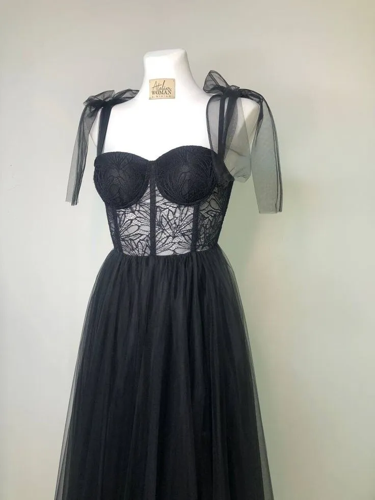 Black Corset A-Line Tull Long Prom Dress with Slit,DP813