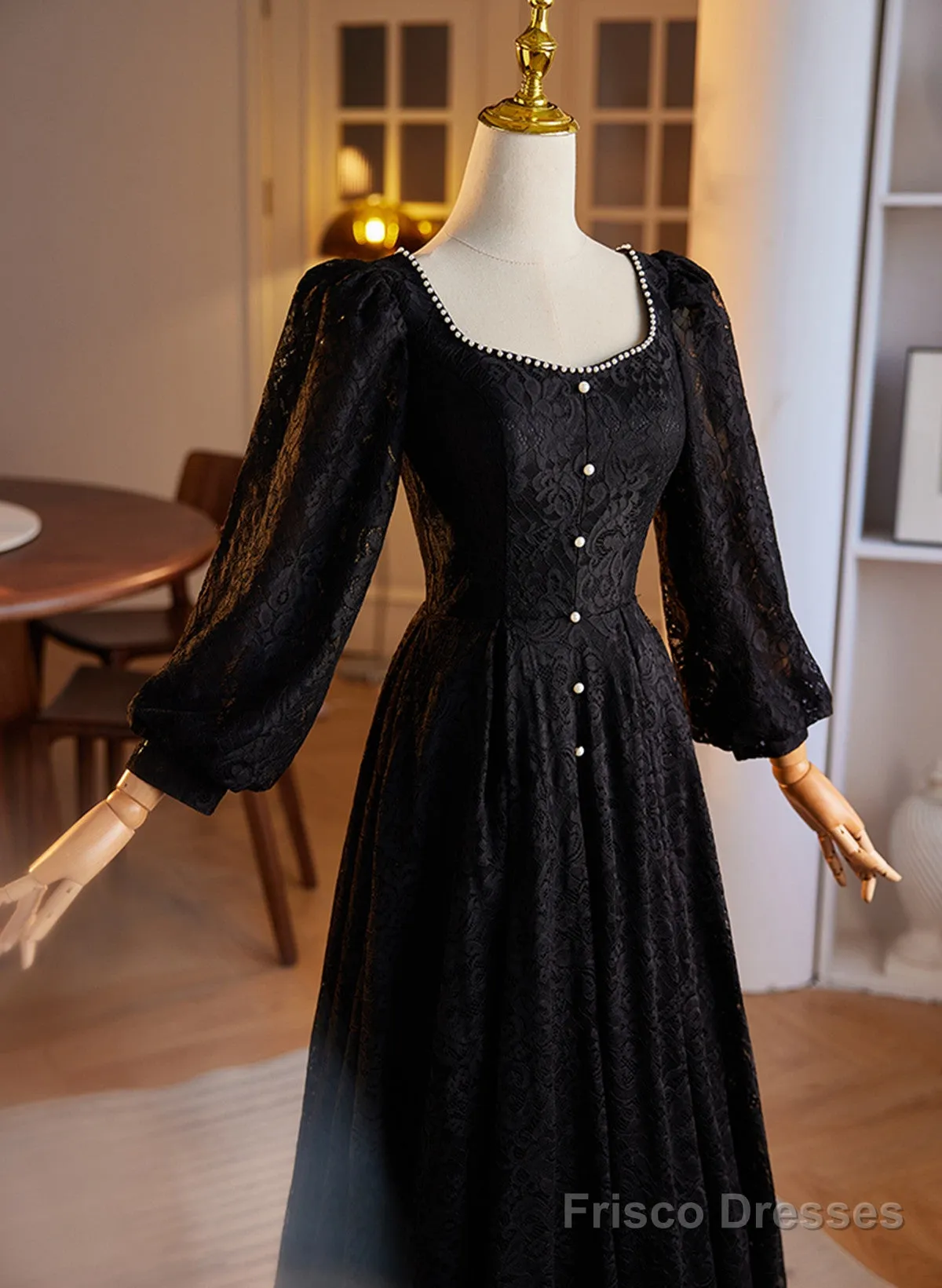 Black Long Sleeves Lace A-Line Party Dress, Black Lace Wedding Party Dress
