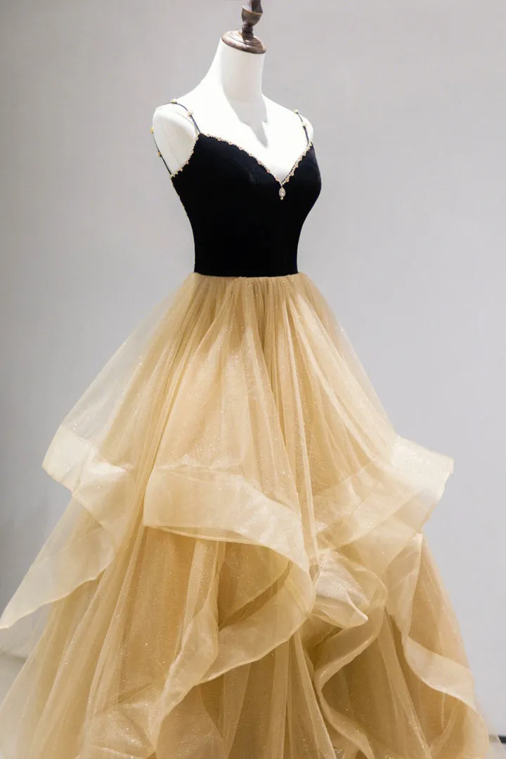 Black Straps V-Neck Layers Tulle Long Party Dresses Glam Prom Dresses Sexy