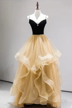 Black Straps V-Neck Layers Tulle Long Party Dresses Glam Prom Dresses Sexy
