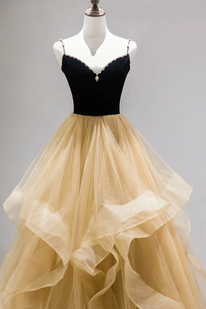 Black Straps V-Neck Layers Tulle Long Party Dresses Glam Prom Dresses Sexy