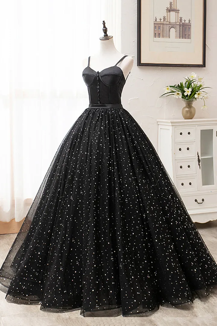 Black Tulle Long A-Line Long Prom Dresses Black Evening Party Dresses Sexy