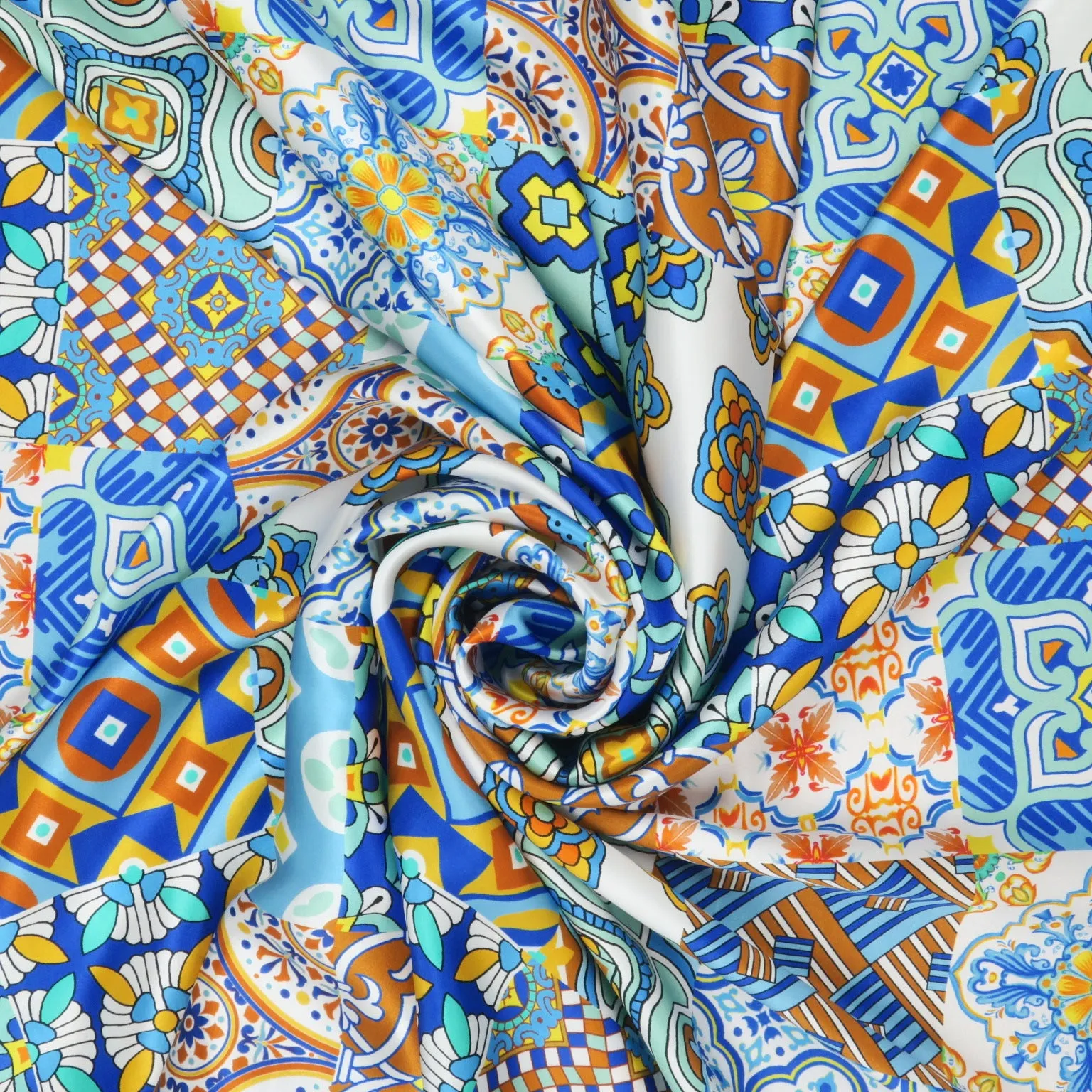 Blue Multicolored Floral Abstract Printed Silk Charmeuse Fabric