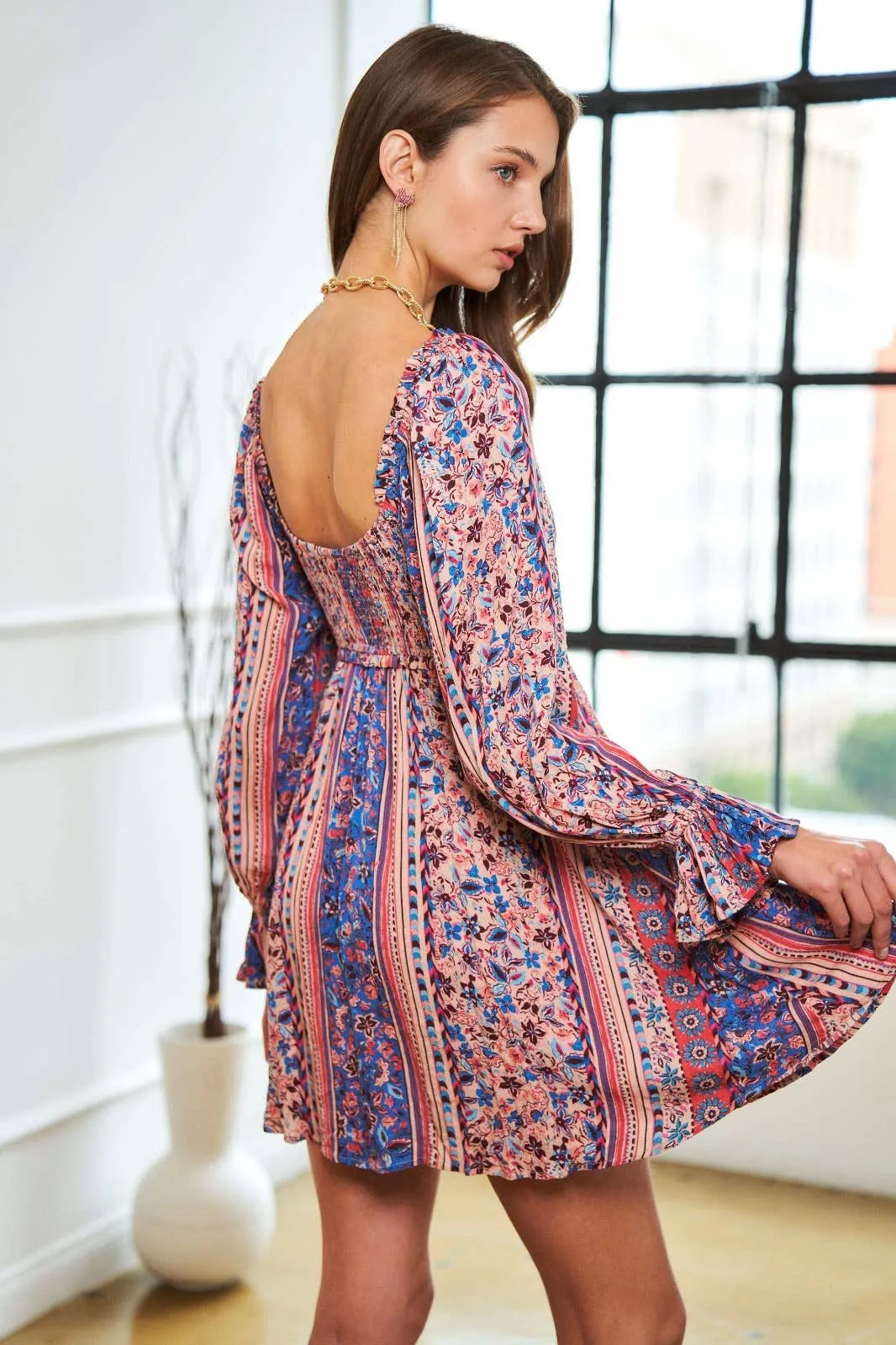 Blue/Tan Floral Mini Dress