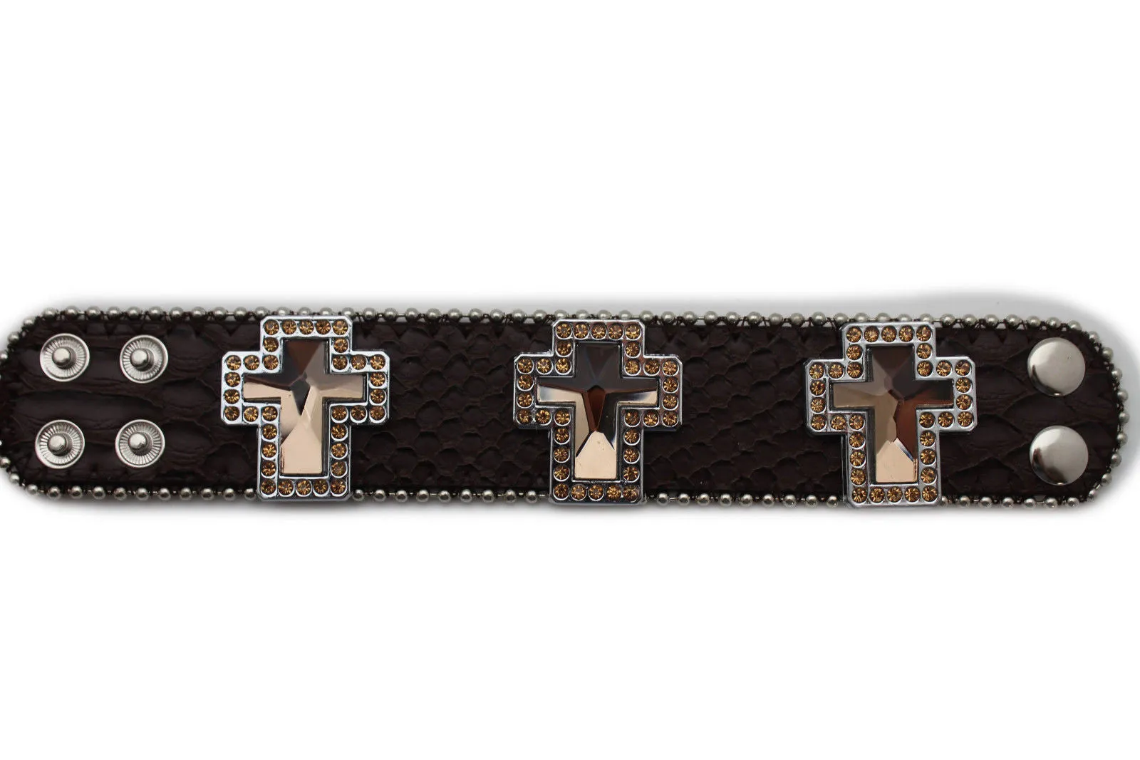 Brown Leather Bracelet Big Silver Crosses Silver Rhinestones Bead