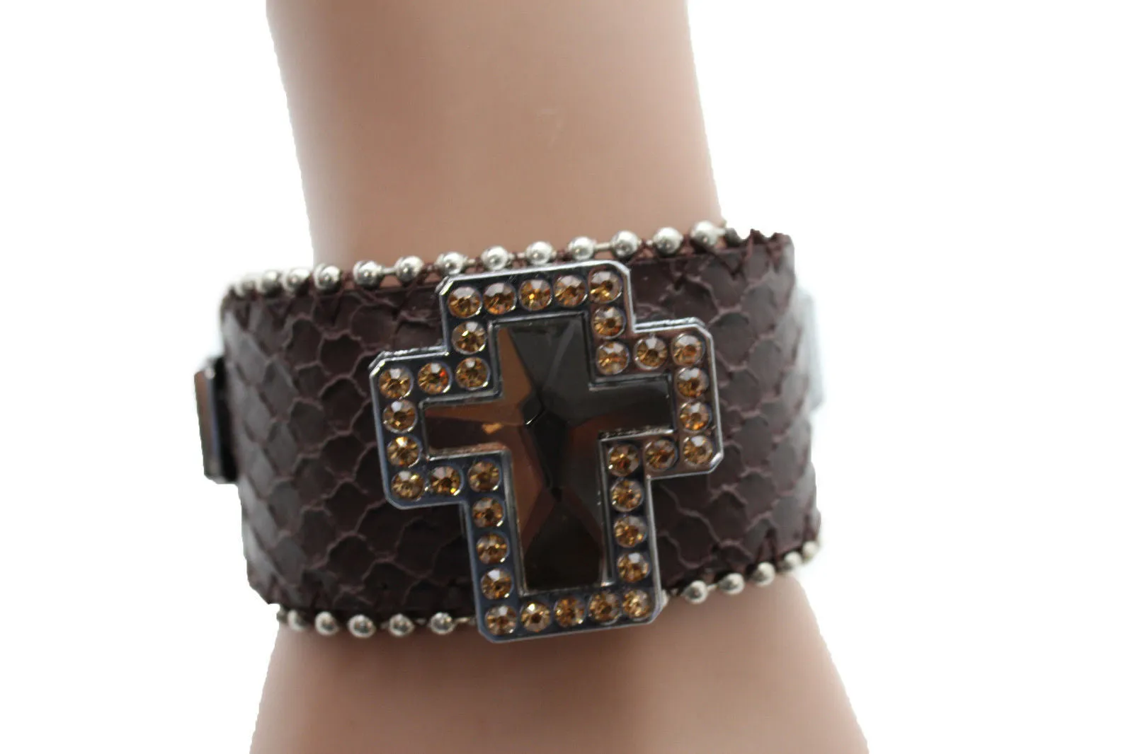 Brown Leather Bracelet Big Silver Crosses Silver Rhinestones Bead