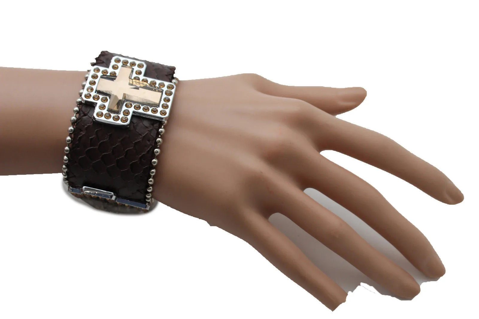 Brown Leather Bracelet Big Silver Crosses Silver Rhinestones Bead