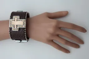 Brown Leather Bracelet Big Silver Crosses Silver Rhinestones Bead
