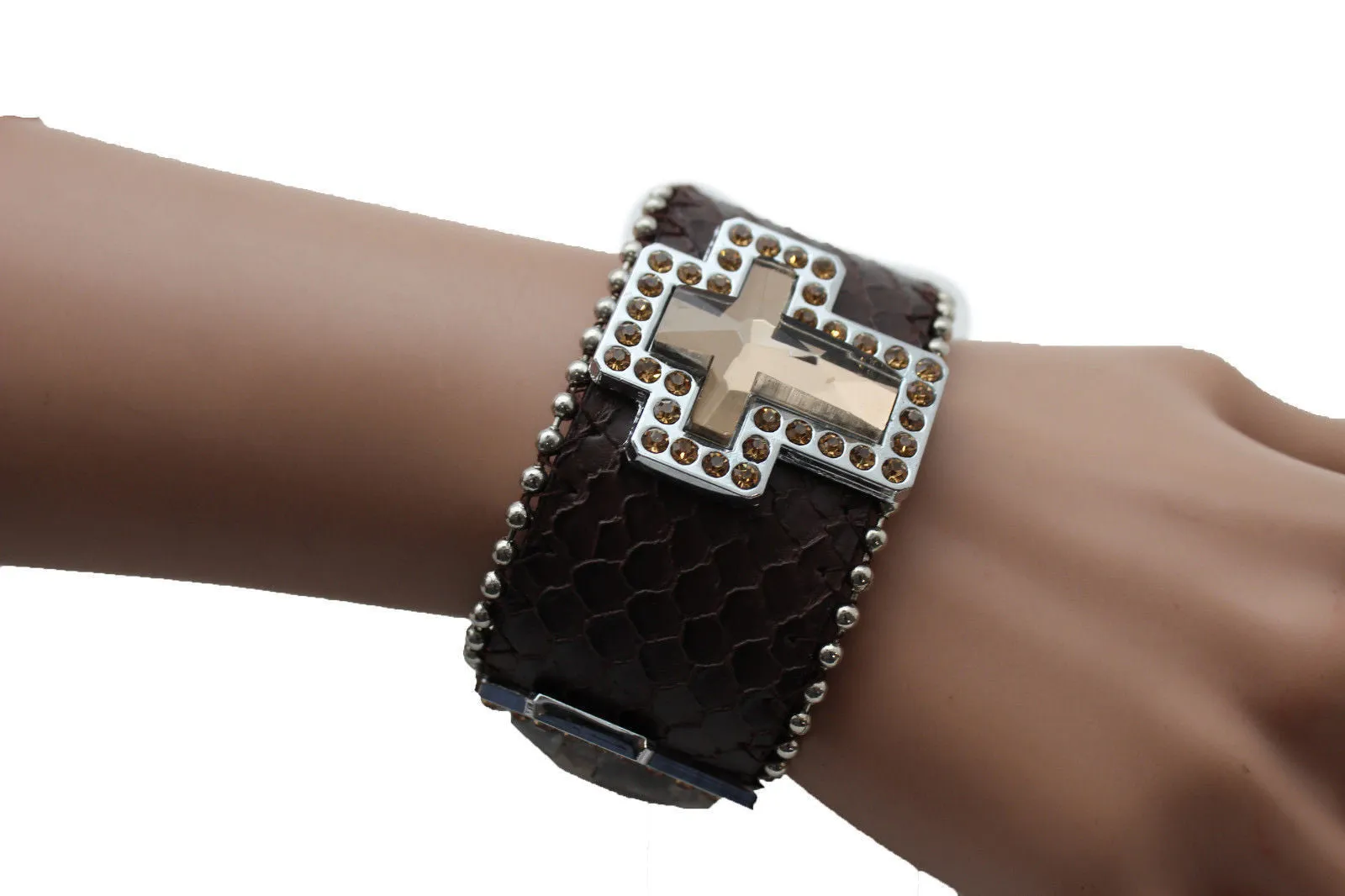 Brown Leather Bracelet Big Silver Crosses Silver Rhinestones Bead