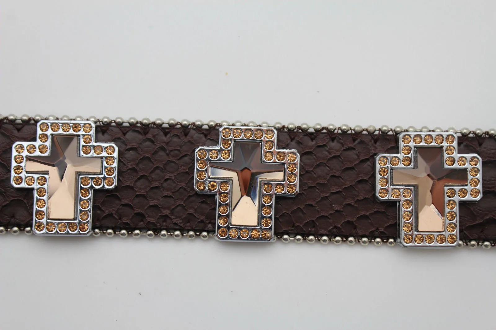 Brown Leather Bracelet Big Silver Crosses Silver Rhinestones Bead