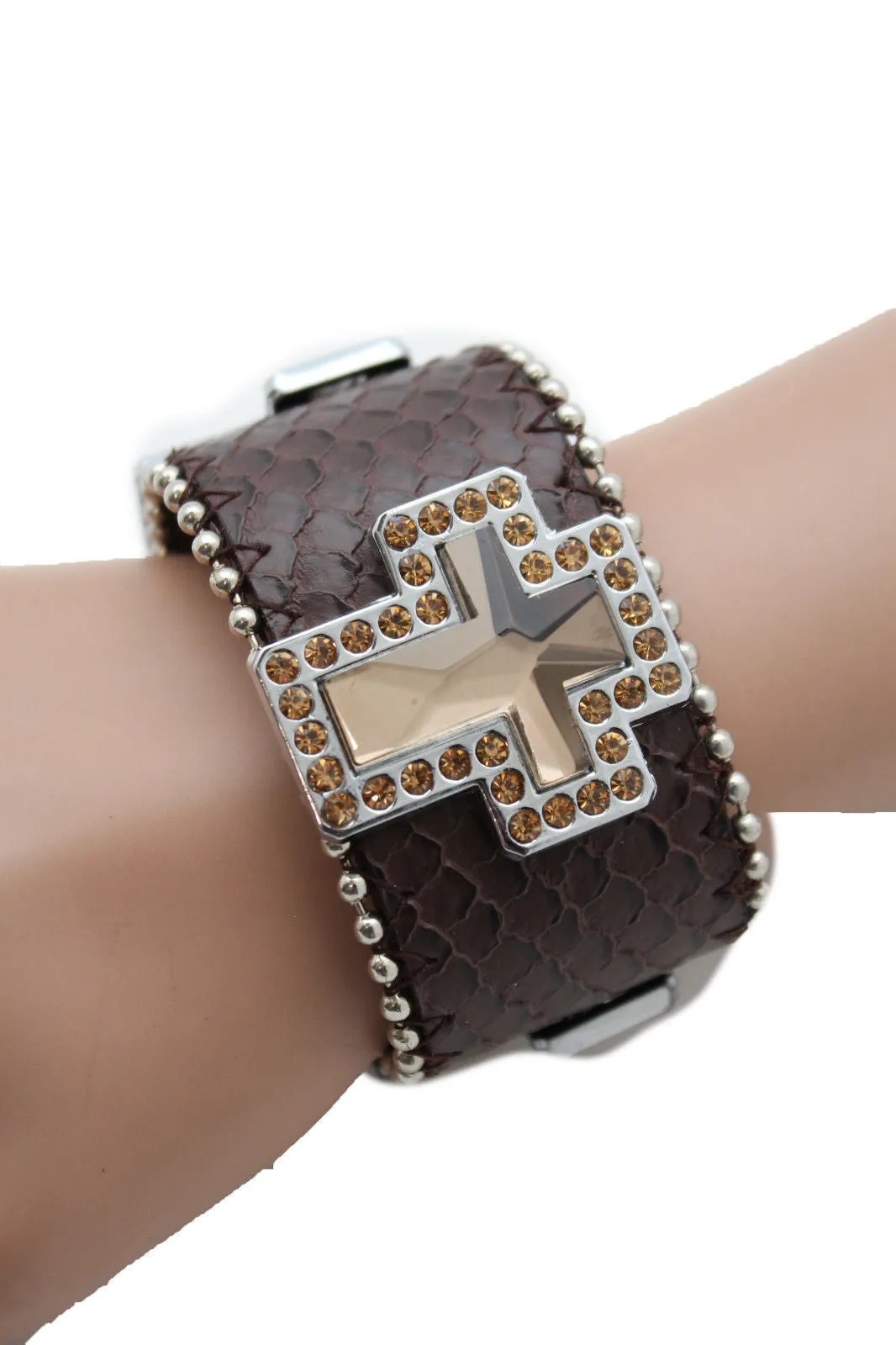 Brown Leather Bracelet Big Silver Crosses Silver Rhinestones Bead