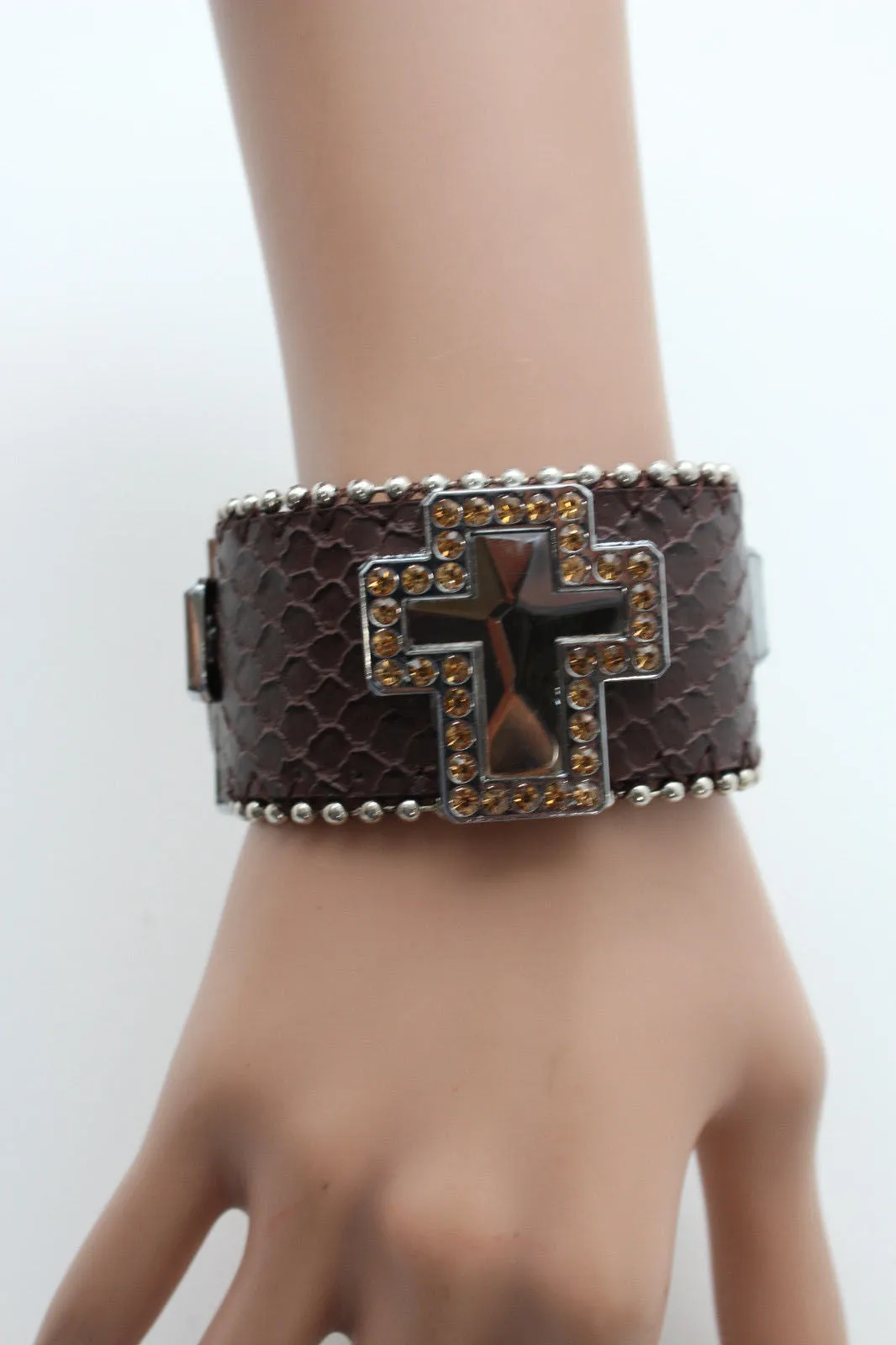 Brown Leather Bracelet Big Silver Crosses Silver Rhinestones Bead
