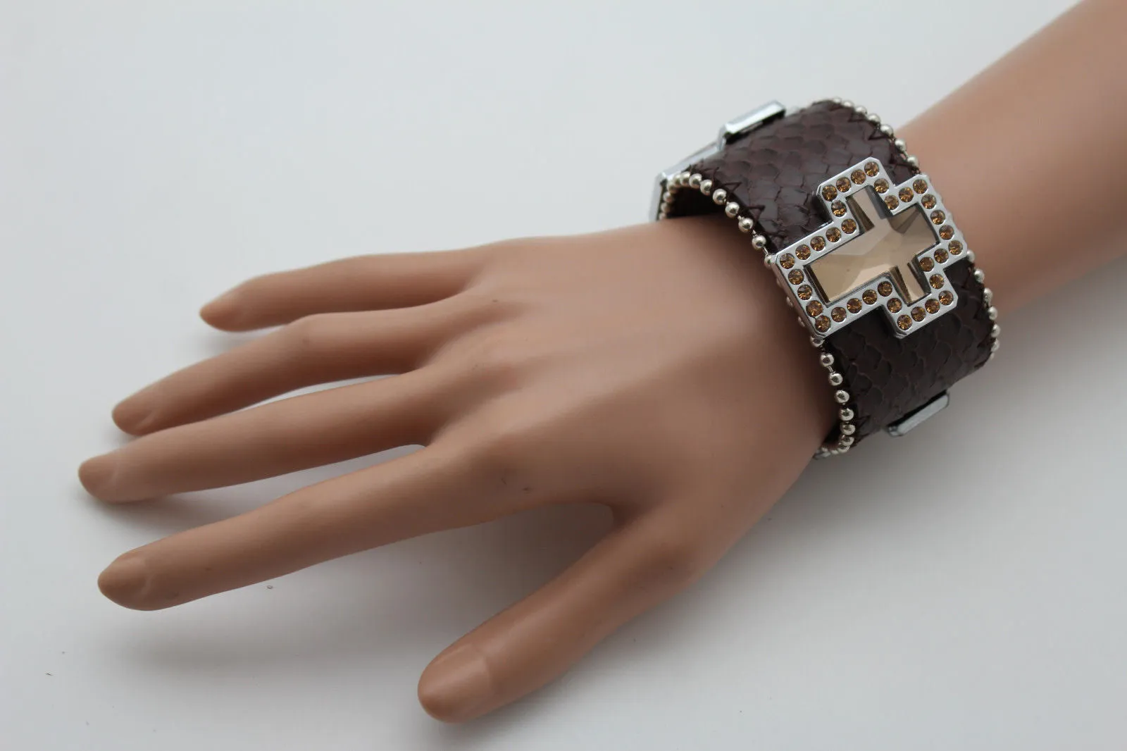 Brown Leather Bracelet Big Silver Crosses Silver Rhinestones Bead