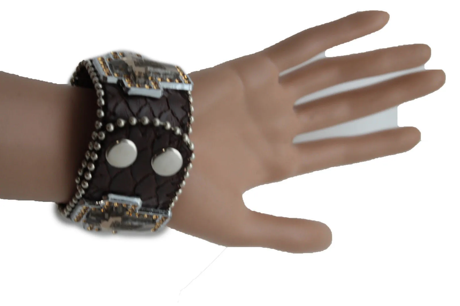 Brown Leather Bracelet Big Silver Crosses Silver Rhinestones Bead