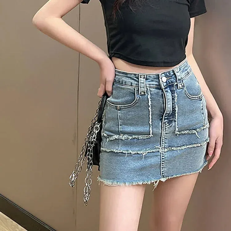Chic High Waist A-line Pockets Denim Skirt