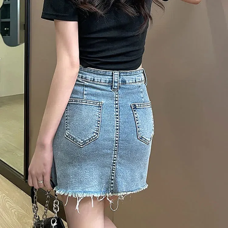 Chic High Waist A-line Pockets Denim Skirt