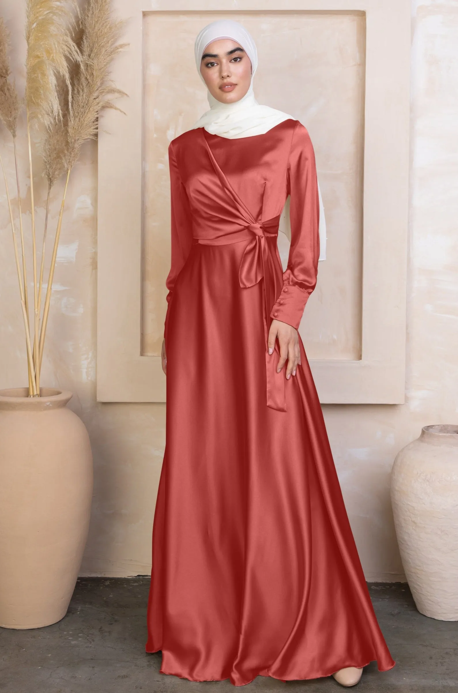 Coral Diana Side Knot Satin Gown