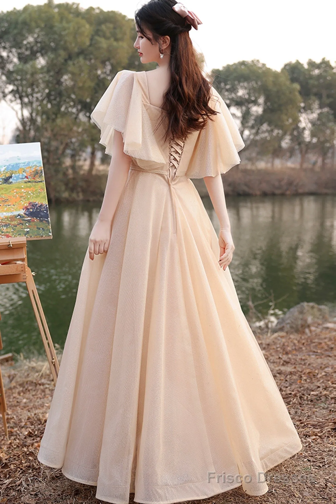 Cute Tulle Long A-Line Prom Dresses, Champagne Lace-Up Party Dresses