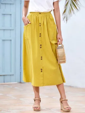 Dual Pockets Button Front A-line Skirt
