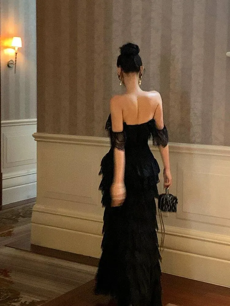 Elegant Evening Gowns Off The Shoulder Black Lace Long Prom Dress Slit Evening Gown Stores With Prom Dresses
