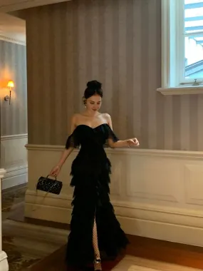 Elegant Evening Gowns Off The Shoulder Black Lace Long Prom Dress Slit Evening Gown Stores With Prom Dresses