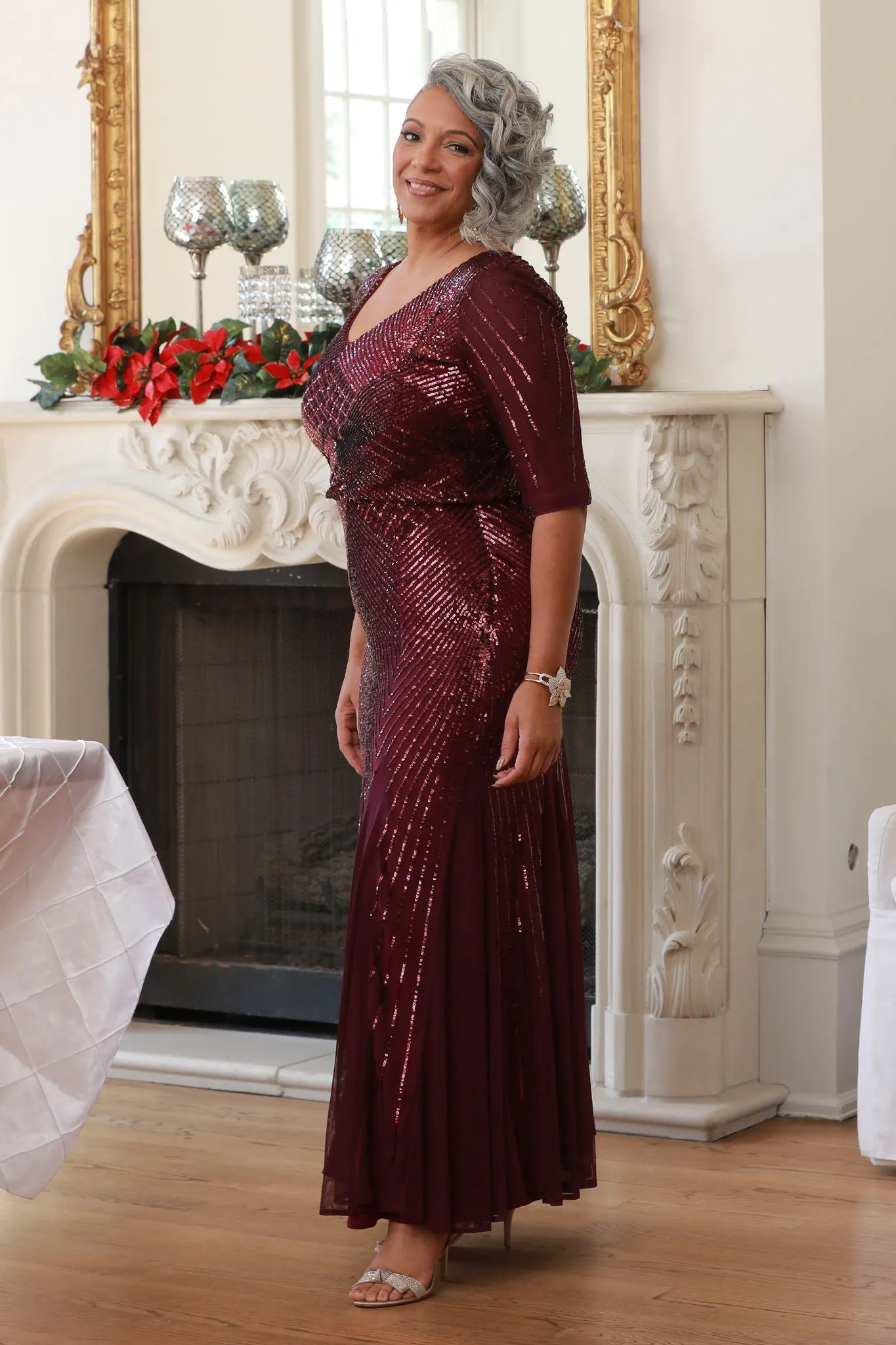 Elegant Sequin  Elbow Sleeve Evening Gown- Mother of the Bride dress