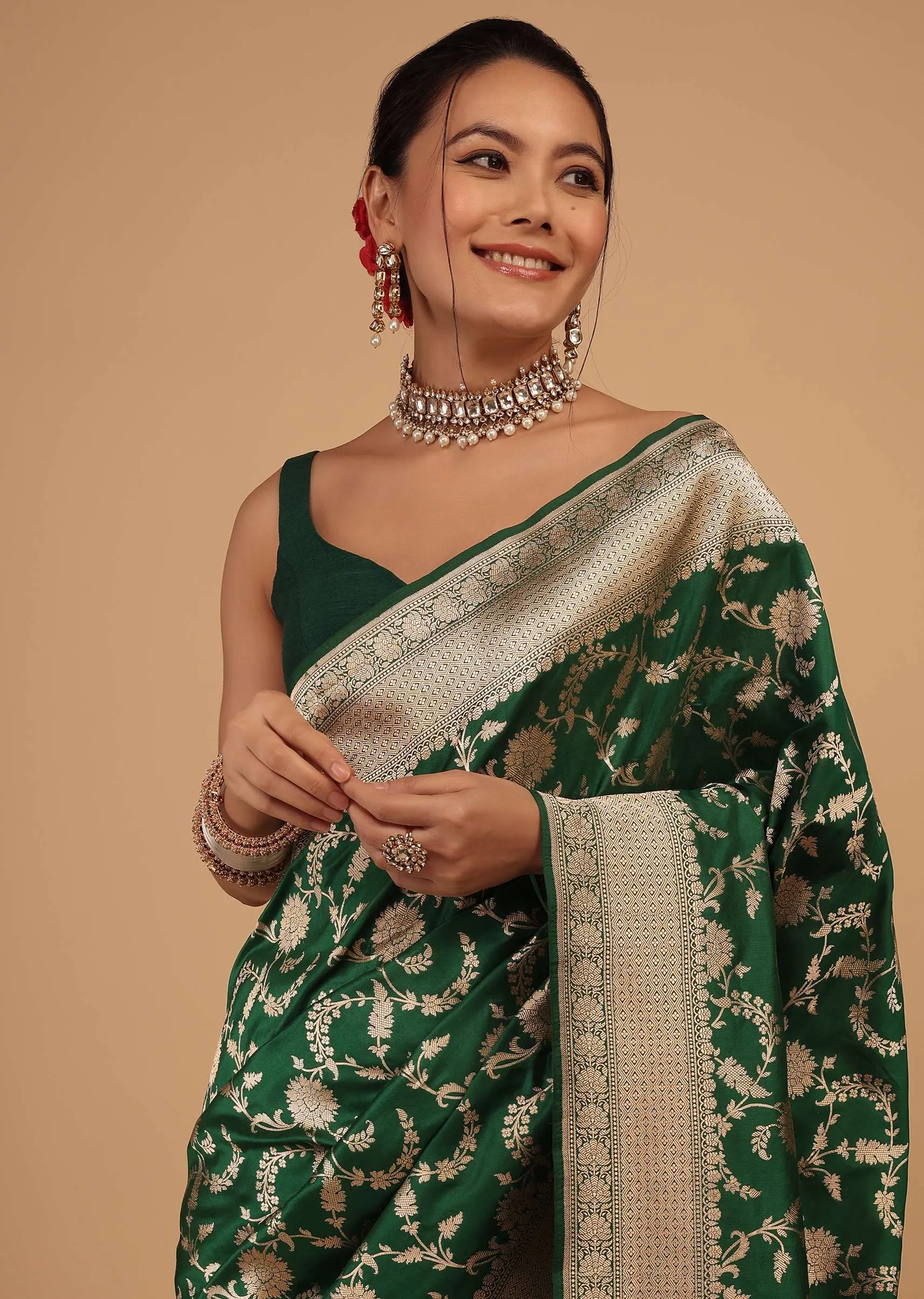 Emerald Green Saree In Pure Banarasi Silk With Upada Zari Weave Floral Jaal Work