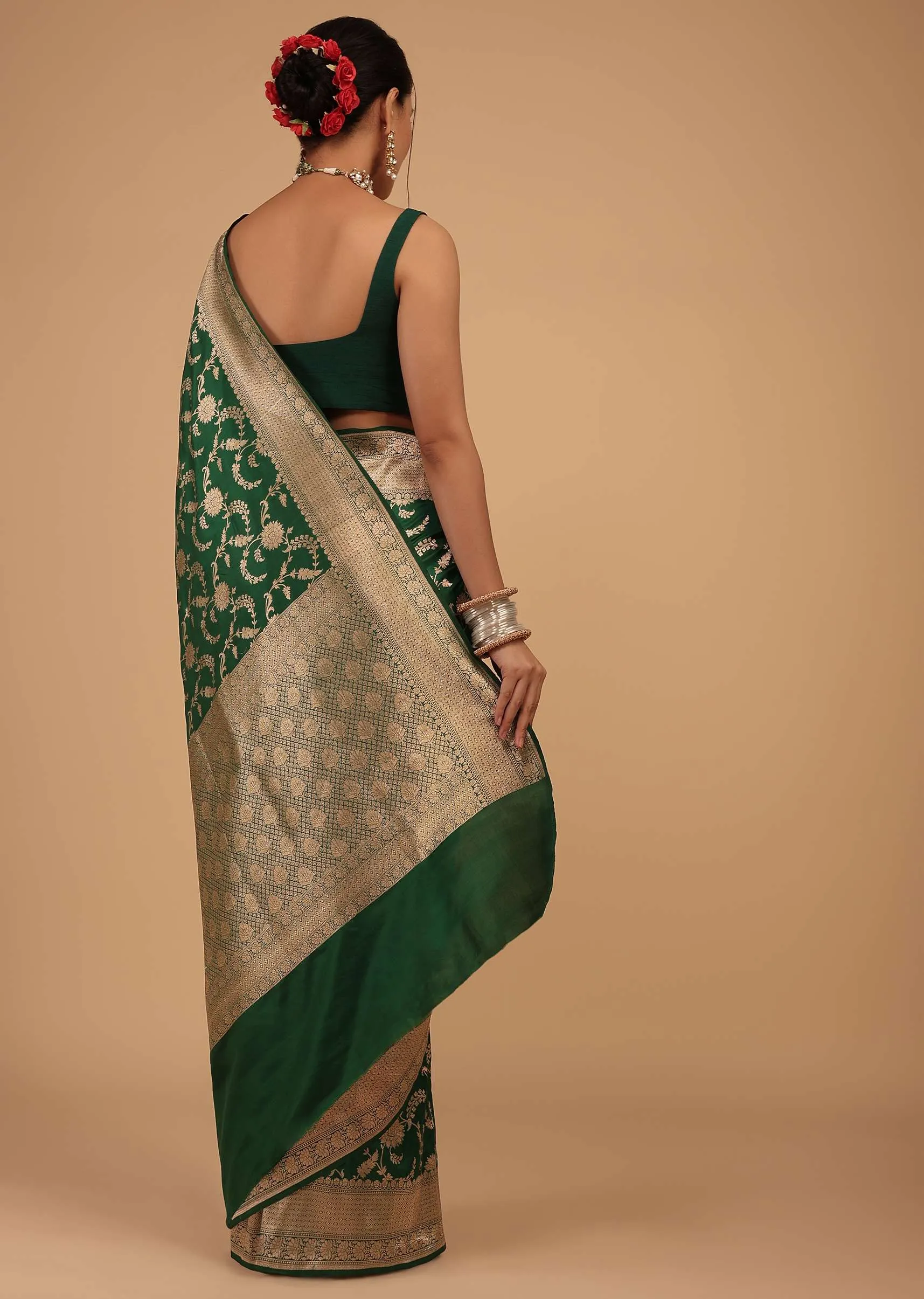 Emerald Green Saree In Pure Banarasi Silk With Upada Zari Weave Floral Jaal Work