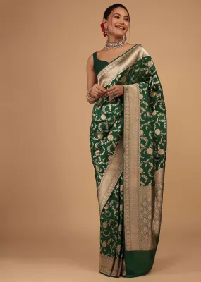 Emerald Green Saree In Pure Banarasi Silk With Upada Zari Weave Floral Jaal Work