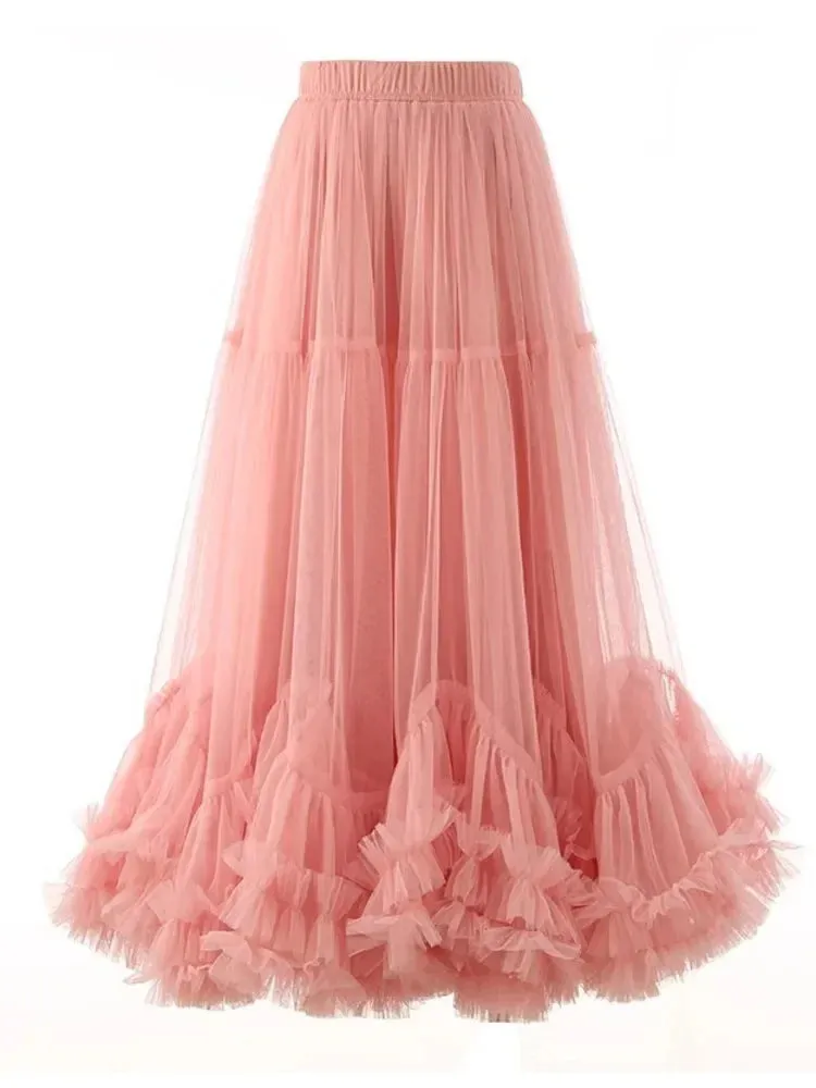 Girlary Fashion Spring Autumn High Elastic Waist Red Mech Ruffles A-line Midi Long Skirts Ball Gown Elegant Midi Half-body Skirt Women