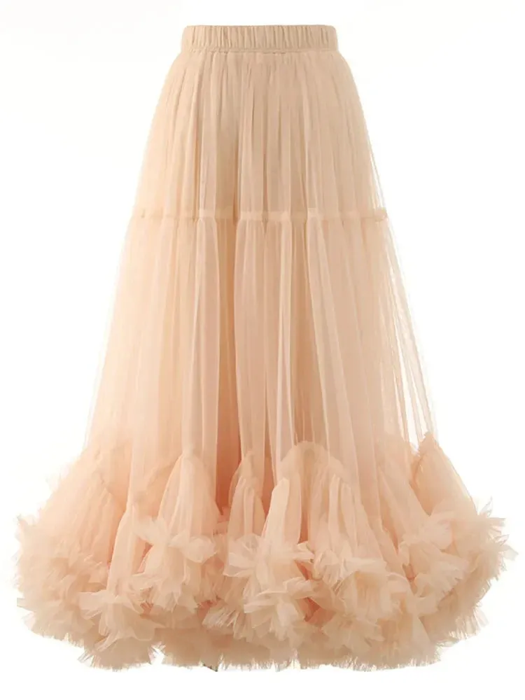 Girlary Fashion Spring Autumn High Elastic Waist Red Mech Ruffles A-line Midi Long Skirts Ball Gown Elegant Midi Half-body Skirt Women