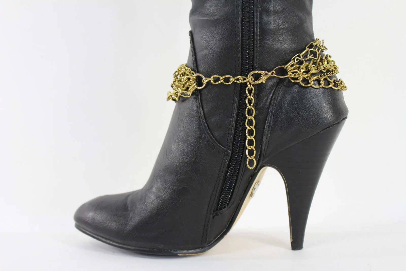 Gold Metal Boot Chains Bracelet Strap Multi Chunky Strands Shoe Charm