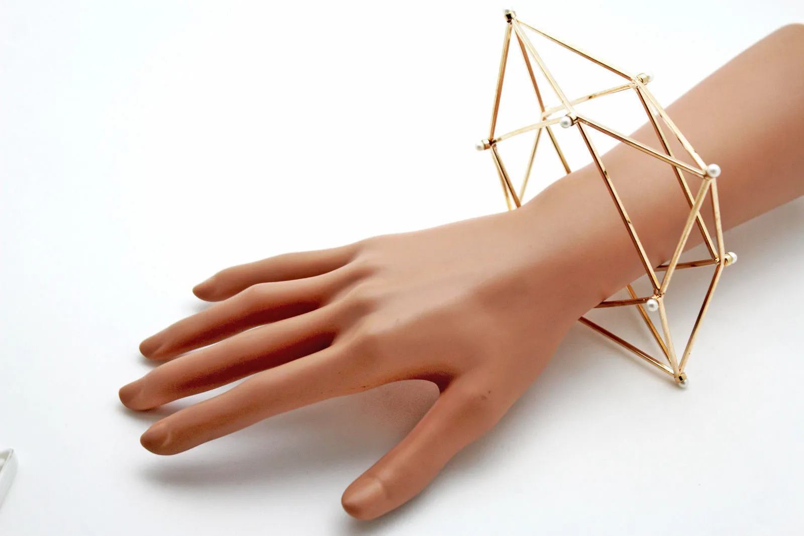 Gold Metal Cuff Bracelet Large Geometric Shape Pearl Beads