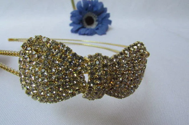 Gold Metal Headband Hair Big Bow Rhinestones Wedding