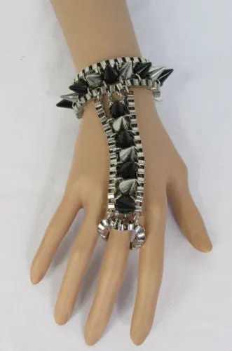 Gold Silver Metal Hand Chain Bracelet Connected Multi Spikes Women Trendy